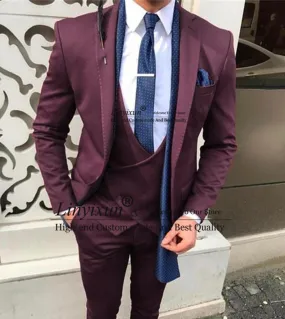 Abiti da uomo classici bordeaux 3 pezzi Smoking da sposo da sposa Slim Fit Business uomo Blaszer Giacca gilet pantaloni Set Cost