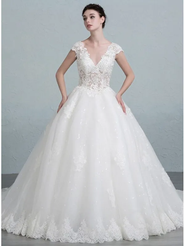 Abito da Sposa A-line con Pizzo macramè scollato a V e con gonna glitter