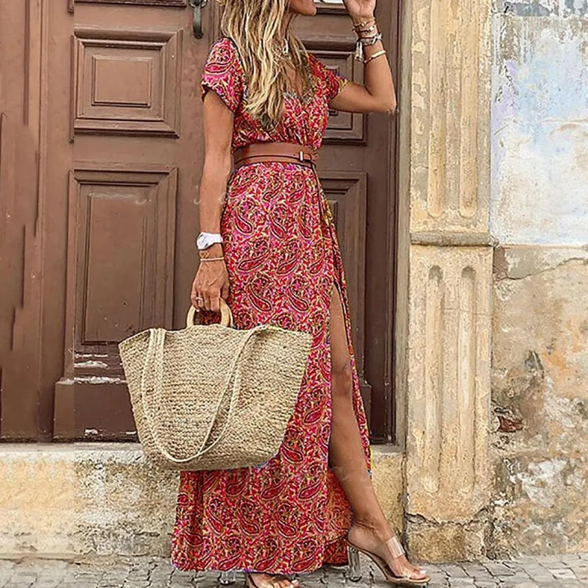 Abito lungo per le donne 2024 Summer Beach Abiti bohemien Vestido Abito casual Abbigliamento femminile  Gonna floreale Elegan