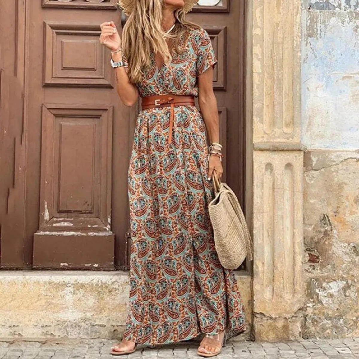 Abito lungo per le donne 2024 Summer Beach Abiti bohemien Vestido Abito casual Abbigliamento femminile  Gonna floreale Elegan