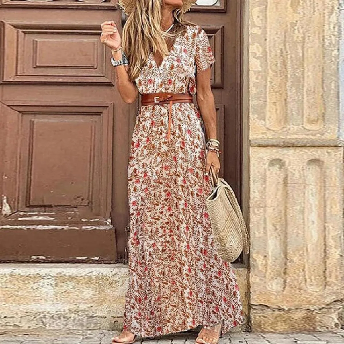 Abito lungo per le donne 2024 Summer Beach Abiti bohemien Vestido Abito casual Abbigliamento femminile  Gonna floreale Elegan