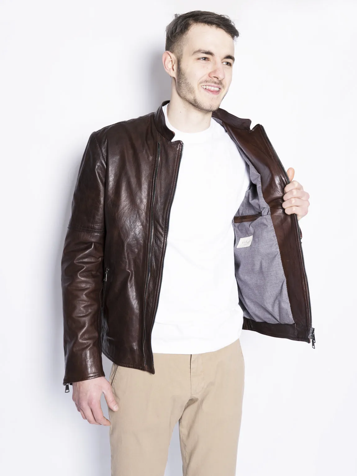 Chiodo in pelle con doppia zip Marrone