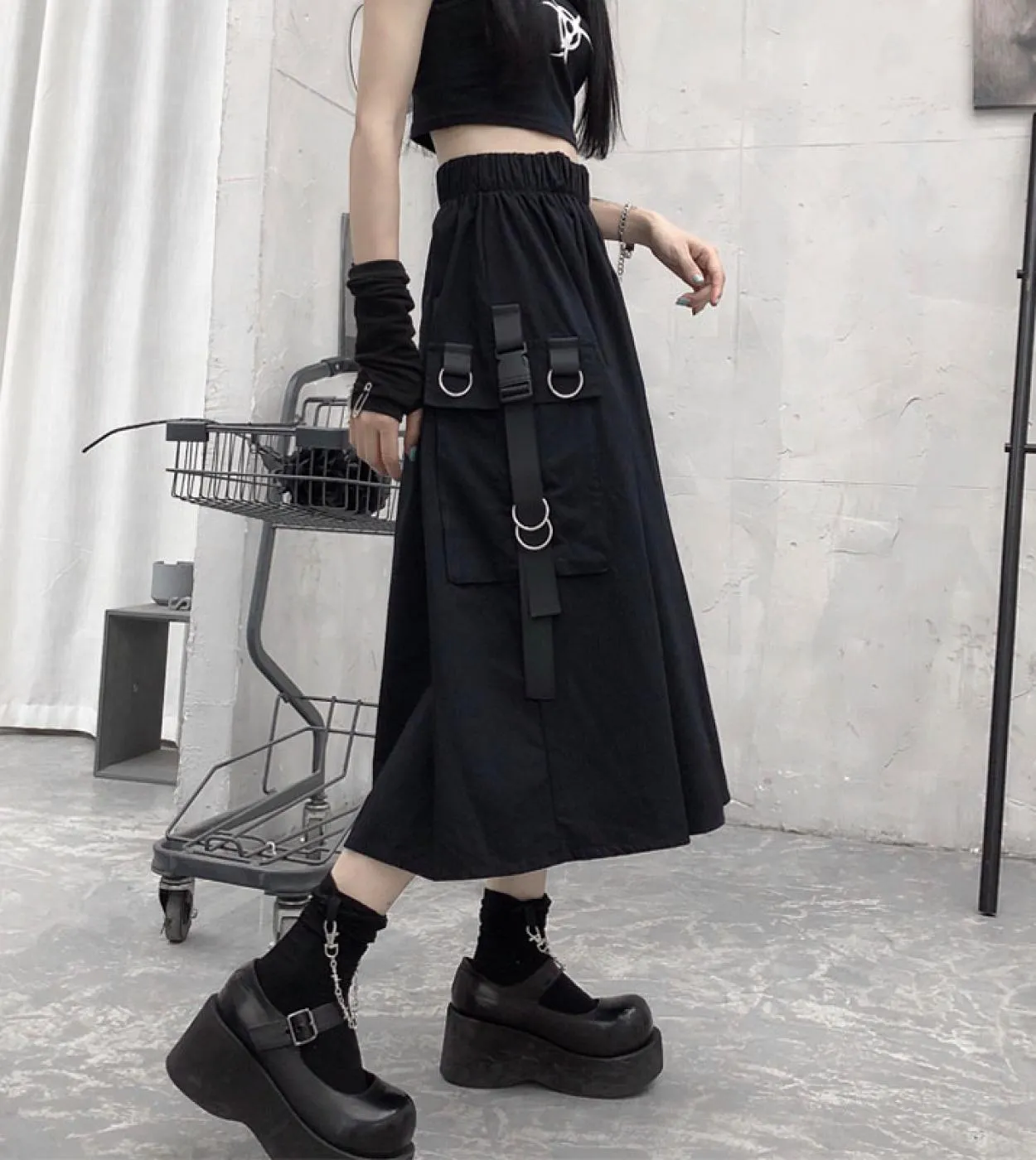 Gonne cargo gotiche a vita alta Donna Harajuku 2023 Tasche larghe A Line Midi Gonna lunga nera Hip Hop Fashion Streetwear