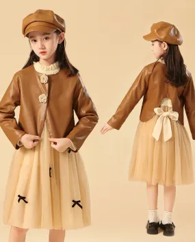 Le ragazze vestono la giacca di pelle per bambini di nuovo stile autunnale Gonna da principessa in rete per ragazze Set di due p