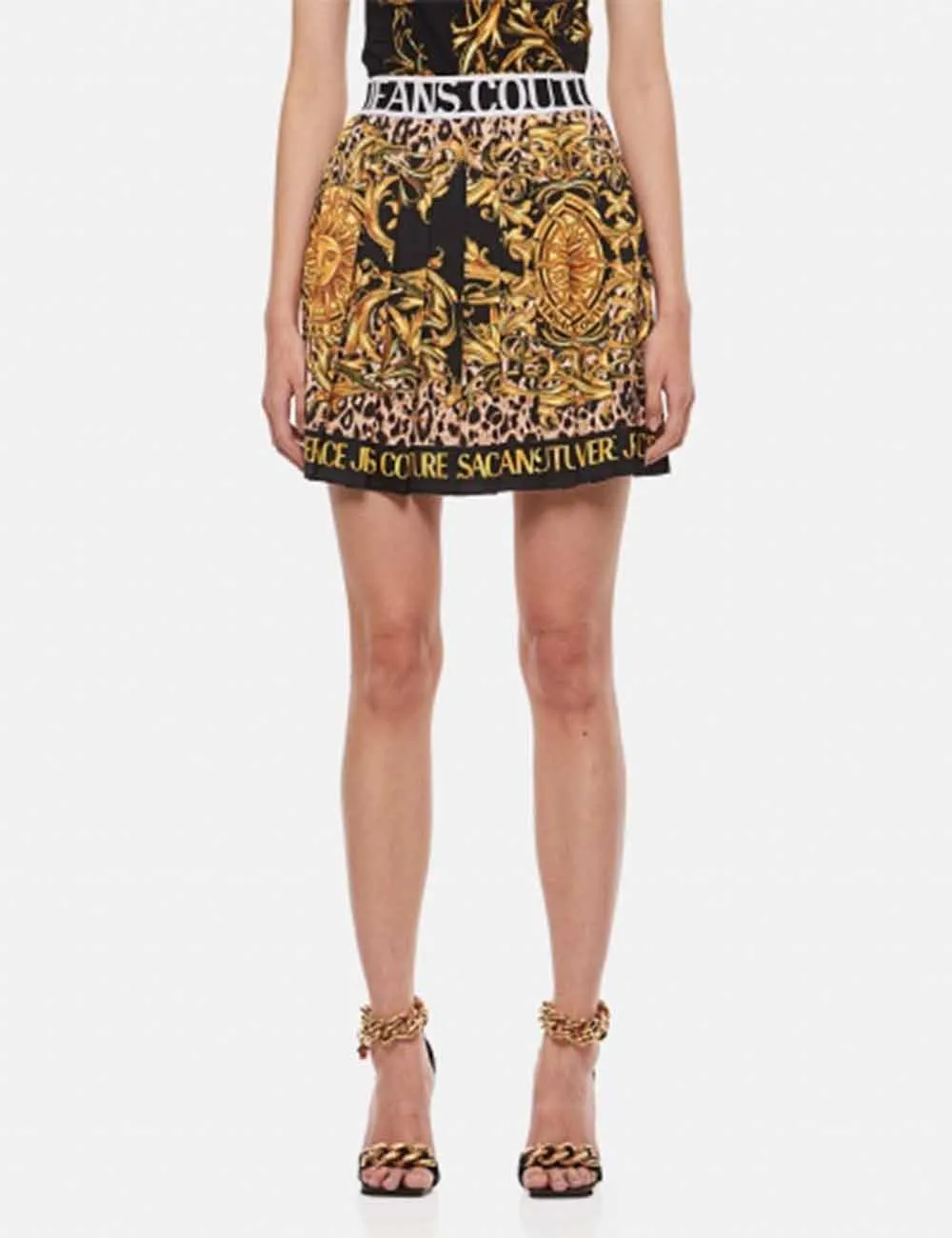 Versace Jeans Couture     Gonna Plissettata in Satin con Stampa Baroque Leo