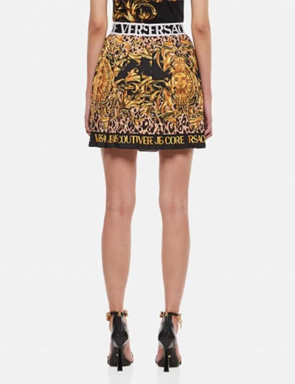 Versace Jeans Couture     Gonna Plissettata in Satin con Stampa Baroque Leo